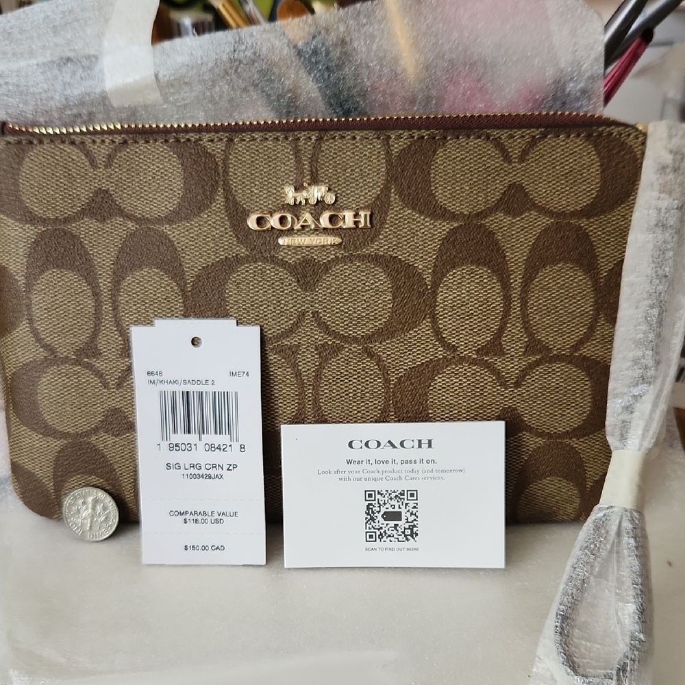 Coach Signature Brown Wristlet with Gold Accents